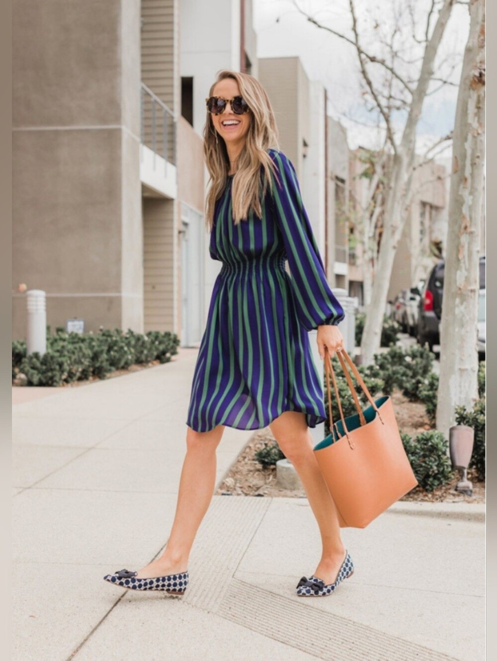 Ann Taylor Navy and Green Striped  Midi Dress